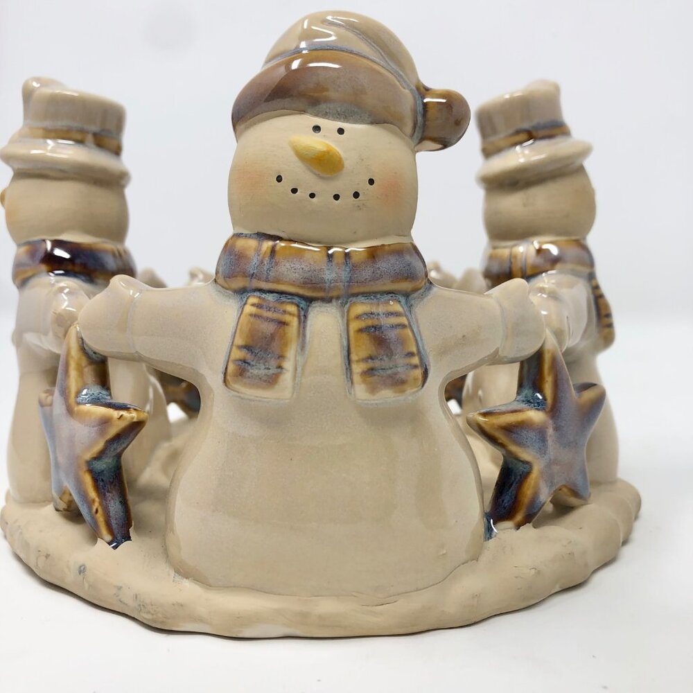 Snowman Candle Holder + Trinket Dish Set Beach - Vtg JC‎ Penney Winter Snowmen